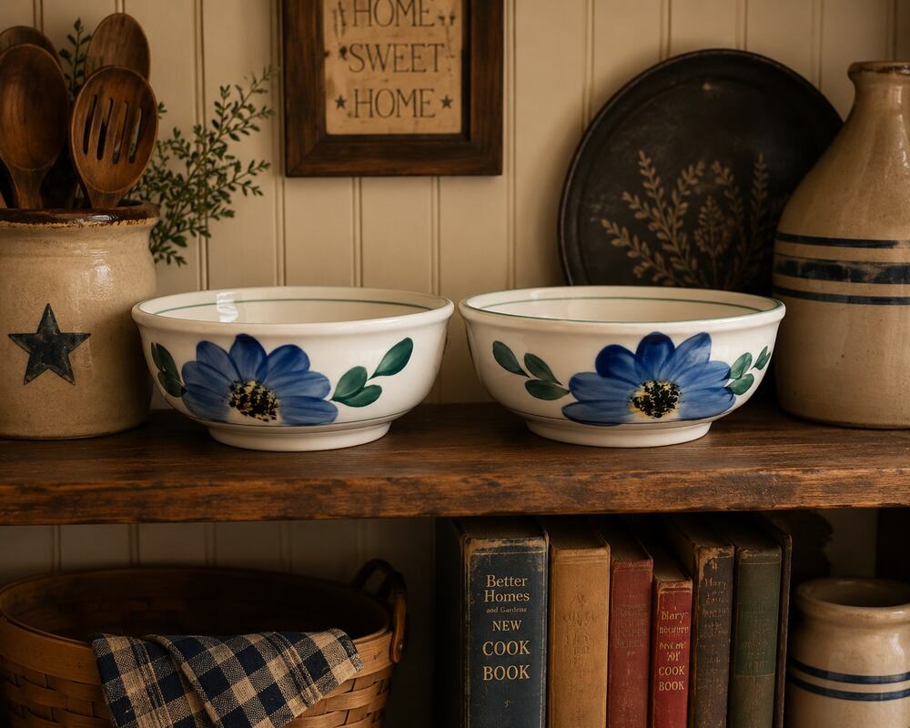 Vintage Blue Floral Stoneware Bowls Set of 2